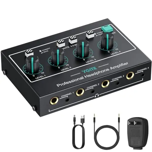 Amplificateur de Casque, Mono/Stéréo 4 Canaux Amplificateur Audio Professionnel, Séparateur de Casque Volume Indépendantes TRS 3,5 mm / 6,35 mm pour Scène Clavier de Guitare Basse