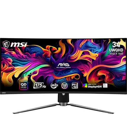 MSI MAG 341CQPA QD-OLED Écran Gaming incurvé 34'' UWQHD - 1800R, Dalle Quantum Dot OLED 3440 x 1440, 175 Hz / 0.03 ms, 99% DCI-P3, ΔE≤2, DisplayHDR True Black 400, KVM - DP 1.4a, HDMI 2.1, USB Type-C