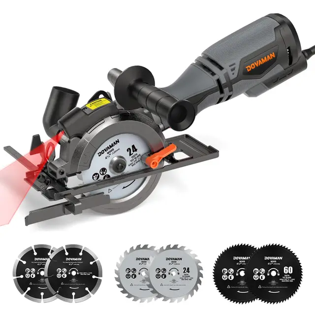 DOVAMAN Mini Scie Circulaire, 710W 115mm w/Laser, 3500RPM, Poignée Auxiliaire, Profondeur de Coupe de 43mm (90°), 29mm (45°), 6 Lames, pour le Bois, Métal Souple, Plastique, Carrelage - MCS01A