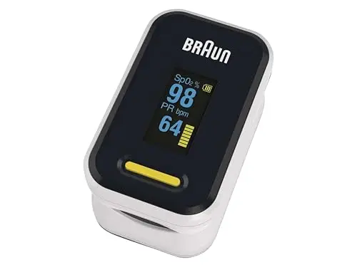Braun Oxymètre de pouls 1 | Moniteur précis d’oxygène sanguin au doigt | Utilisation simple pour usage domestique | BPCO, pneumonie ou apnée du sommeil | Idéal pour les athlètes| YK-81CEU