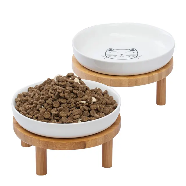 Lusifaco Lot de 2 gamelles surélevées peu profondes en céramique de 15 cm de large avec support en bambou, adaptées aux moustaches, pour animaux domestiques, pour chats d'intérieur et chatons