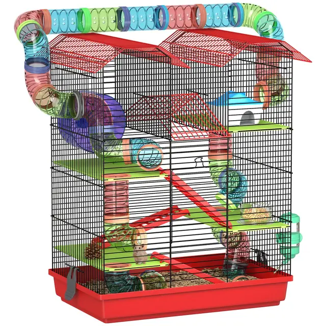 PawHut Cage pour Hamster Souris Petit Animaux Rongeur avec Tunnel Mangeoire Roue Jouet 47 x 30 x 59 cm Rouge