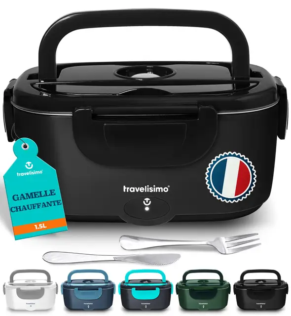 TRAVELISIMO Gamelle Chauffante 100W Lunch Box Chauffante 1,5L Chauffe Plat Electrique 3 en 1 220V 24V 12V, Marmite Electrique, Acier Inoxydable, Chauffe plat Voiture pour Voyage et Bureau