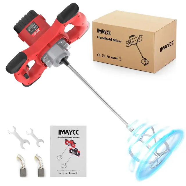 IMAYCC 2100W Malaxeur Mortier Colle Professionnel, Malaxeur Beton 220V, Melangeur Beton Avec 6 Vitesses, Betonniere Électrique Idéal Pour Mélanger les Aliments,le Plâtre,la Peinture,le Ciment(Rouge)