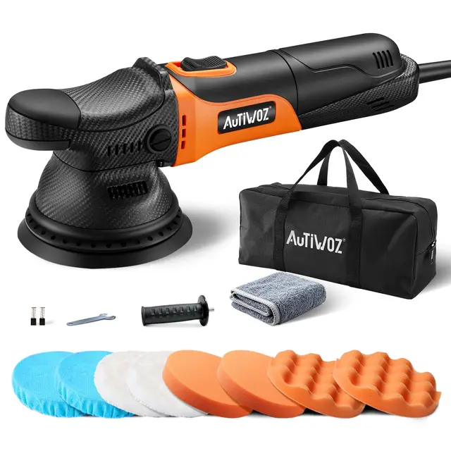 AUTIWOZ Auto Polisseuse Orbitale,125mm Kit de Machine à Polir,630W Polisseuse Voiture Compacte Avec 6 Vitesses Variables (2000-6200 tr/min), Pour Automobile,Cirage,Lustrage,Polir,Ponçage - W01