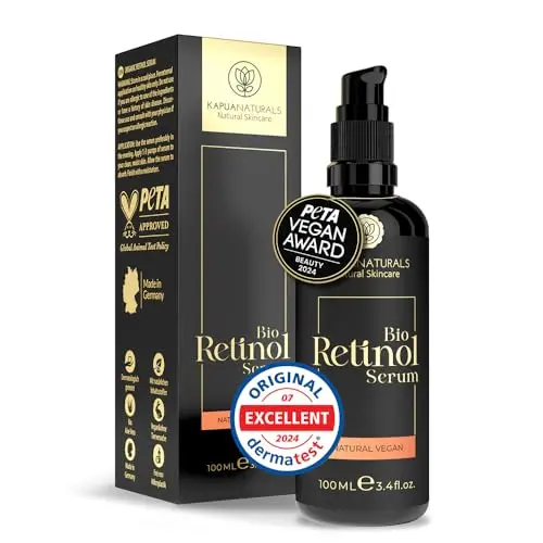 Retinol Serum Visage BIO • 100 ml • Serum retinol hautement dosé • Cosmétique naturelle & Durable • Enrichi au Rétinol pour peaux + acide hyaluronique + Vitamine C • Anti Rides Puissant Immediat