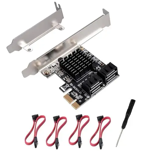 Carte PCIE 1 x SATA 4 Ports, avec 4 câbles SATA et Support à Profil Bas, contrôleur PCIE vers SATA 3.0 6 Gbit/s, Carte d'extension PCIE vers SATA, Carte PCIE contrôleur SATA