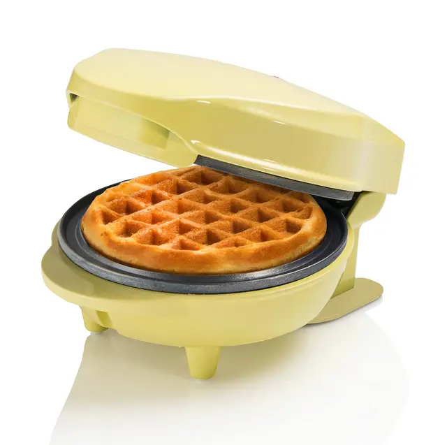 Bestron Mini gaufrier pour gaufres classiques, Petit gaufrier avec revêtement anti-adhésif, pour les anniversaires d'enfants, les fêtes de famille, Pâques ou Noël, Design rétro, Couleur: jaune