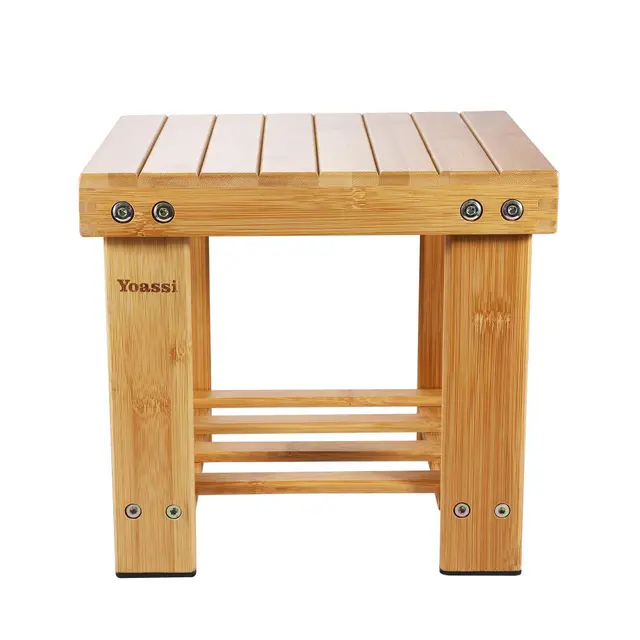 Yoassi Tabouret Bas en Bamboo Naturel avec Etagère de Rangement pour Enfants et Adultes (S)