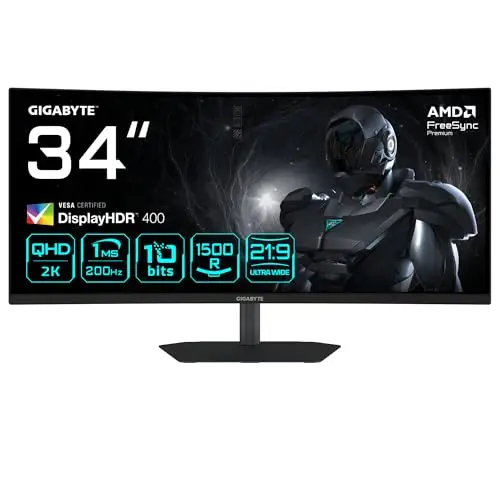 GIGABYTE G34WQC2 Moniteur Gaming Incurvé 34” WQHD - 3440 x 1440, 1500R, 200Hz, 1ms, 450 CD/m², AMD FreeSync Premium, DisplayHDR 400, HDMI 2.0, Displayport 1.4