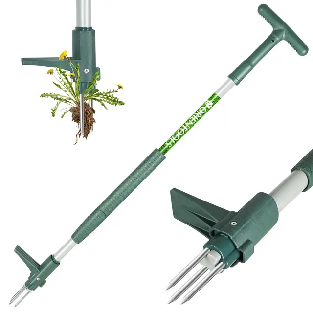 ORIENTOOLS Extracteur de mauvaises herbes avec 3 griffes pour pissenlit, outil de traction de racines en acier, manche de 100,1 cm de long, outil de jardin facile à enlever les racines avec poignée en