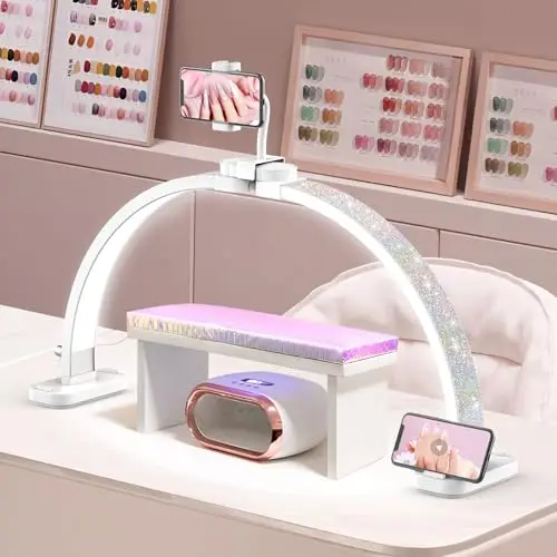 Lampe Demi-lune pour Ongles: 30" Lampe Onglerie Table Demi Lune - 3 Modes de Couleur et 10 Niveaux de Luminosité Réglables pour Cils,Tatoue (Diamant, Blanc)