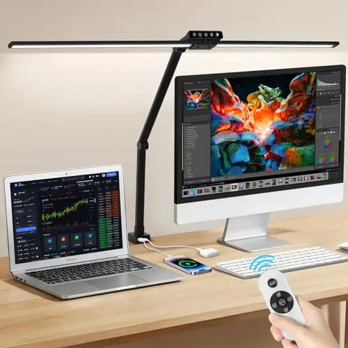 OUTON Lampe de Bureau LED Double Tête, Bras Articulé Orientable, USB-A & USB-C, Télécommande, 5 Températures Couleur, Variateur Progressif, Minuterie & Mémoire, Lampe Écran Bureau & Homeoffice, Noir
