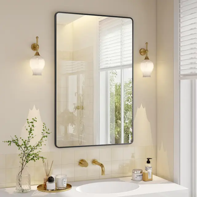 SONGMICS Miroir Salle de Bain, Miroir Mural Rectangulaire, Cadre en Aluminium, 110 x 70 cm, avec Film de Sécurité, 2 Options de Suspension, pour Salon, Chambre, Salle de Bain, Noir d’Encre LWM016BD01