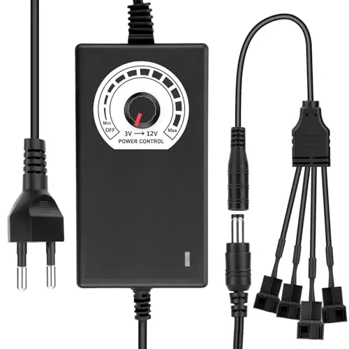 RUIZHI PWM Contrôleur de ventilateur + bloc d'alimentation 12 V, régulateur PWM, module de contrôle de vitesse, 100-240 V AC vers 3-12 V DC, 24 W, adaptateur réglable avec câble répartiteur, prise CC