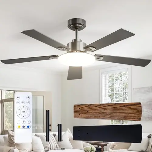 Passky Ventilateur de plafond avec lumière LED silencieux 132cm, Télécommande, Moteur CC réversible, 3 réglages de couleur, Fonction été-hiver, 6 vitesses, Minuterie, Int/ext, Noir