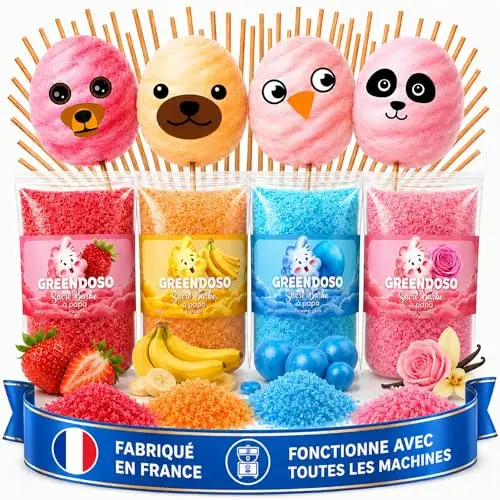 GREENDOSO® Sucre Barbe à Papa pour Machine (4x320 gr) – Lot de 4 Goûts (Fraise/Chewing Gum/Banane/Vanille) – 50 Bâtonnets