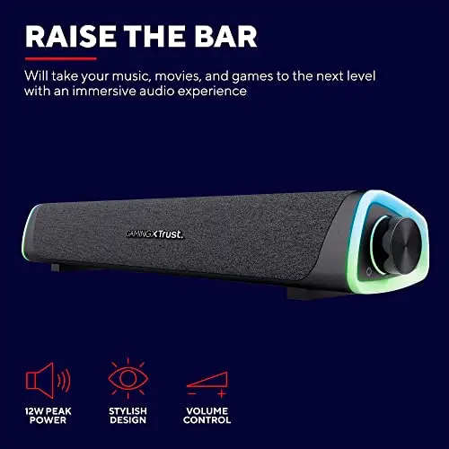 Trust Gaming GXT 620 Axon Barre de Son à Éclairage RGB 12W, Alimentation USB, 3.5mm AUX, Enceinte PC pour Ordinateur Portable, Smartphone, Tablette, TV - Noir