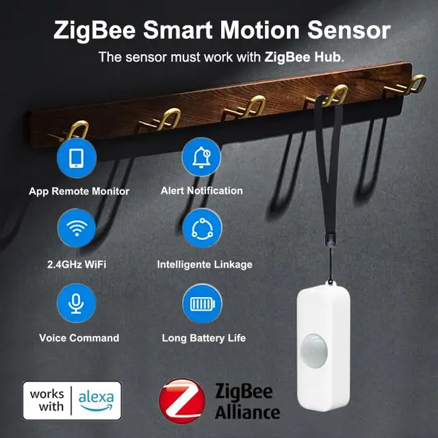 Détecteur de mouvement Smart, capteur de mouvement infrarouge pour système d'alarme,détecteur de capteu avec surveillance à distance via l'app,notification,compatible avec Alexa.Hub ZigBee requis.1PCS