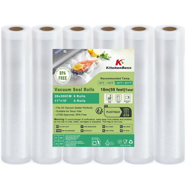 KitchenBoss Rouleau Sous Vide Alimentaire:Sac Sous Vide Alimentaire pour l'appareil de Mise Sous Vide, Film Sous Vide Alimentaire pour la Cuisson, 6 Rouleaux 28x300cm