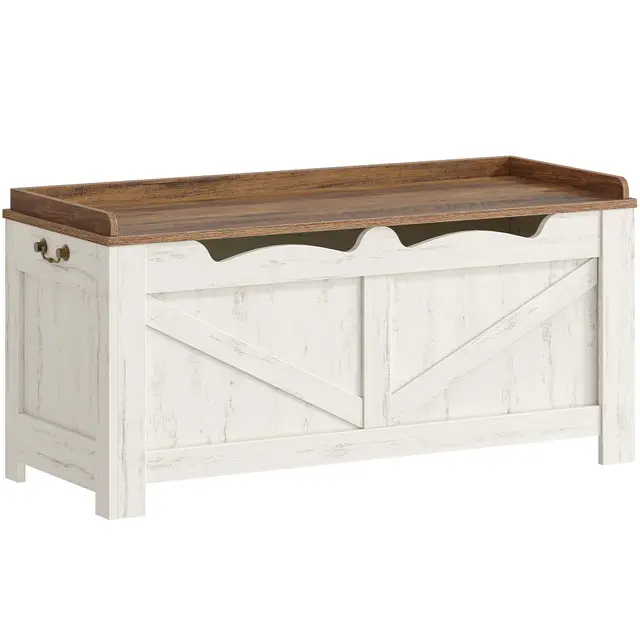 Hzuaneri Banc de Rangement, Coffre de Rangement à Couvercle Relevable avec 2 Charnières Stables, Banc Chaussures en Bois pour Chambre à Coucher, Entrée, Salle de Séjour, Blanc Marron SB04514B