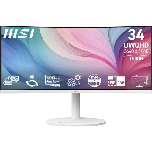 MSI Modern MD342CQPW Écran PC 34'' UWQHD incurvé 1500R - Dalle VA 3440 x 1440, 120 Hz, 1ms, KVM, PIP/PBP, Confort des Yeux, Haut-parleurs intégrés, réglable sur 3 Axes - HDMI 2.0b, DP 1.4a