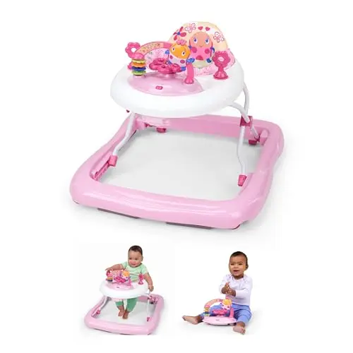 Bright Starts, Trotteur Bébé Pliable June Berry Delight, Station de Jeu Électronique Amovible avec Lumières et Mélodies, Hauteur Réglable, Rangement Facile, Rose, 6 Mois et Plus