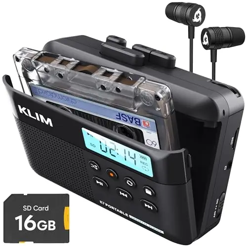 Cassette Player KLIM K7 avec écouteurs F1 - Lecteur Cassette Audio - Convertisseur Audio en MP3 - Microphone et Haut-Parleur intégrés - Batterie Rechargeable - Ecouteurs - Carte SD 16GB - Noir