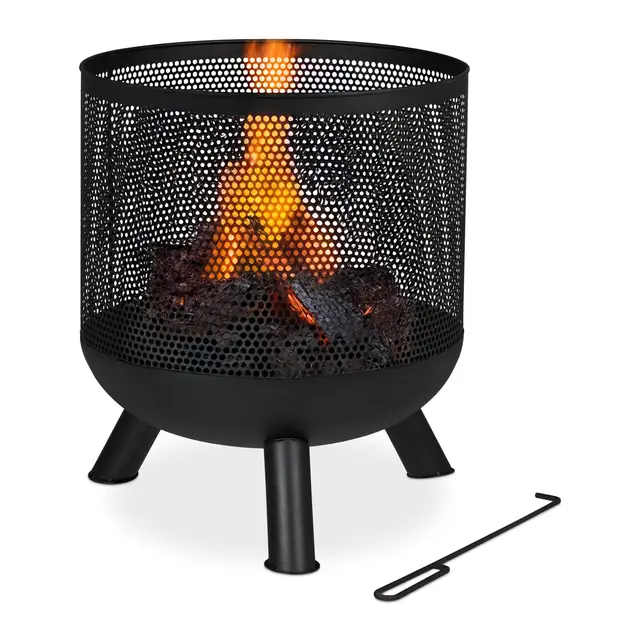 Relaxdays Braséro, Design Maille, Grille de Foyer, tisonnier, Foyer de Jardin, Barbecue, Acier, H x D : 53 x 44 cm, Noir