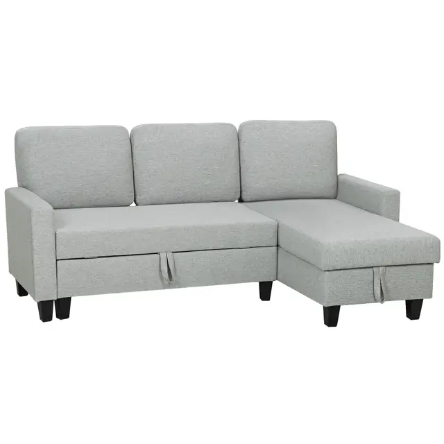 HOMCOM Canapé d'angle convertible réversible, canapé-lit 3 places 197 cm, méridienne, coffre de rangement, coussins lavables, tissu aspect lin, sofa moderne pour salon, bureau, appartement, gris clair