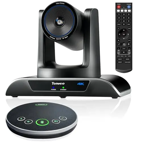 Tenveo Système de Caméra de Conférence 4K PTZ avec Haut-Parleur Bluetooth, 3X Zoom Optique AI Tracking, USB3.0/HDMI, 93° Grand Angle pour Vidéoconférence Réunions Église Éducation Zoom/Teams/OBS