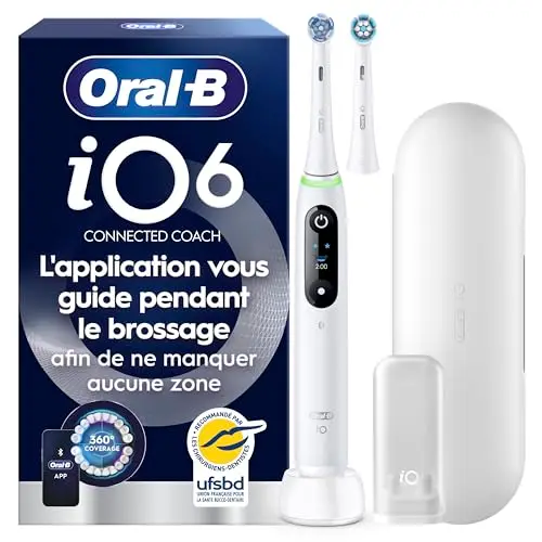 Oral-B Brosse à Dents Electrique iO 6, 2 Brossettes de Rechange, Blanche – 5 Modes de Brossage dont Blancheur et Soin des Gencives, Capteur de Pression, Batterie Rechargeable, Ecran Interactif, Etui