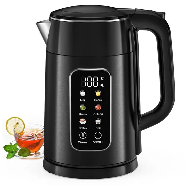 Bouilloire Electrique, 1,7L Contrôle de Temperature Reglable 40-100°C, Bouilloire Inox 2200w Ebullition Rapide Écran Numérique, Fonction de Maintien au Chaud, 6 températures préréglées, Sans BPA Noire