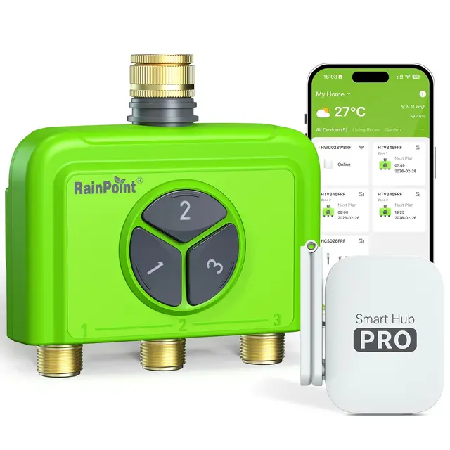 RAINPOINT Programmateur Arrosage WiFi 3 Zones avec Hub, Programmateur Arrosage Connecté, Entrée en Laiton, Contrôle Via App et Vocal, Retard de Pluie Automatique pour Jardin et Pelouse