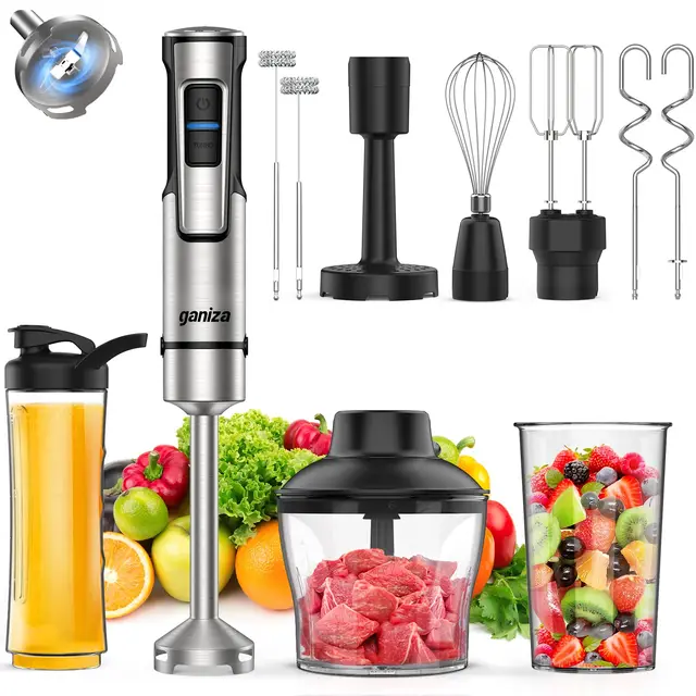 Ganiza Mixeur Plongeant 10-en-1, Mixeur Électrique 1200W avec Vitesse Réglable & Fonction TURBO, Pied Mixeur avec Double Mousseur à Lait, Idéal pour Sauces, Soupes, Smoothies & Milkshakes