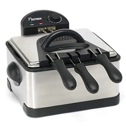Bestron Friteuse familiale avec zone froide, 3 paniers, 4 litres, Capacité de 1,5 kg/2x750 g de friture, Fenêtre de visualisation, 2000 W, Acier inoxydable, Argenté
