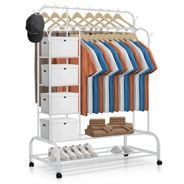 JUPPLIES Portant à Vêtements Robuste – Penderie Double Barre avec Support, 146x110x54 cm, Métallique, Organisateur de Vêtements avec Étagère à Chaussures pour Dressing et Chambre (Blanc)