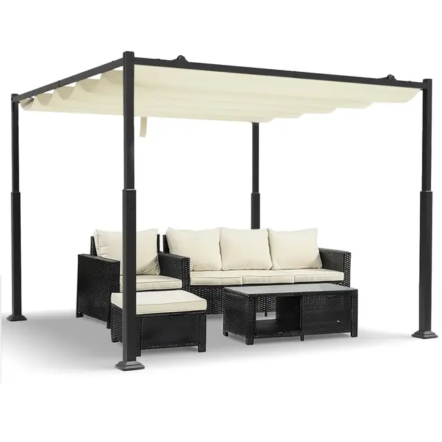 VOUNOT® Pergola Rétractable Coulissante 3x3m Tonnelle de Jardin Abri Soleil Terrasse Extérieur Structure Métal Toile Polyester 180g Haute Densité pour Jardin Beige Foncé