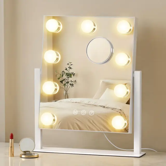 SONGMICS Miroir de Maquillage avec Lumières, 25 x 30 cm, 9 Ampoules LED, Miroir Grossissant Détachable 10x, 3 Températures de Couleur, Blanc Mat LWM005WC02