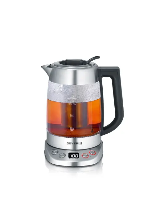 SEVERIN Bouilloire Eau et Thé, 1,7L, 3 000W, Filtre à thé, Température et Temps D'infusion Personnalisables, Verre/Inox, WK 3480