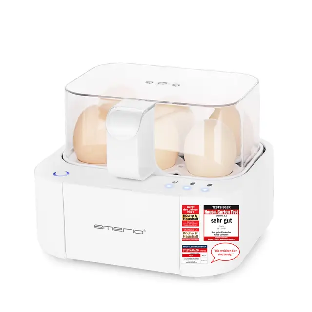 Emerio bester Eierkocher EB-115560 cuit les trois niveaux de cuisson [douce|moyen|dure] en un seul processus de cuisson avec un résultat parfait et une sortie vocale, unique en technologie et design,