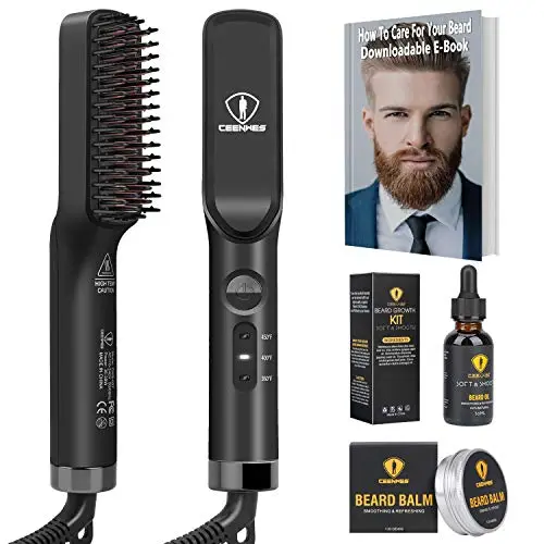 3 en 1 Brosse Lisseur a Barbe Hommes avec crème à barbe et huile à barbe, Pour Coiffer Une Cheveux Longue Et Courts
