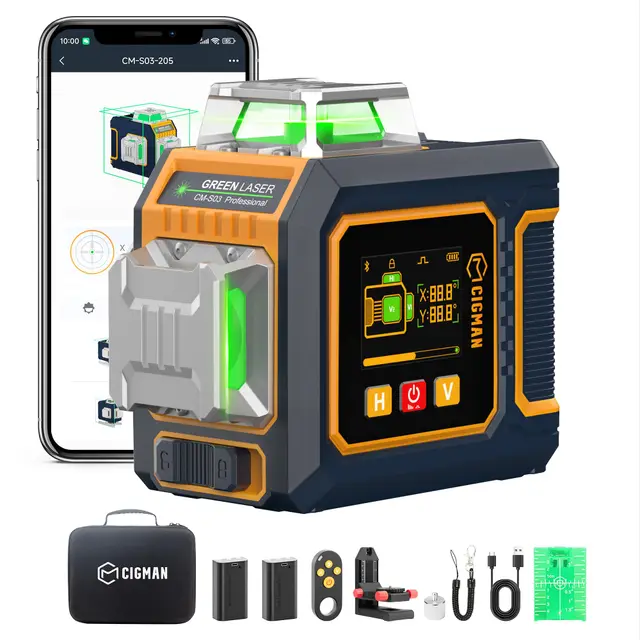 CIGMAN Niveau Laser 360 Autonivelant 3x360°, Laser Vert Chantier avec Grand Écran LCD Latéral, Contrôle APP Bluetooth, Support Magnétique en L, 2 Batteries Li-ion, Laser Niveau