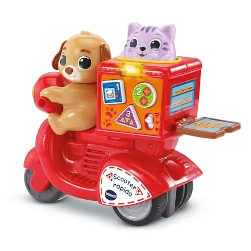 VTech - Press & Go Scooter Rapido - Petit Scooter Qui Roule Tout Seul - Livreur de Pizza Enfant - Motricité Bébé, Jouet d'Éveil - Cadeau Bébé Dès 1 an - Contenu en Français