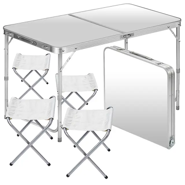 GOODS+GADGETS Table Pliante multifonctionnelle - Table de Camping - Table Pliante - Table de marché - Table d'appoint à tapisser réglable en Hauteur - pour Le Camping - avec 4 chaises - Blanc