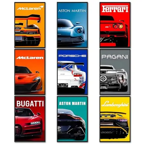 9 pièces Auto Poster SuperCar Poster Toile Art Impression Supercars Art Mural pour Garçons et Hommes Art Mural de Course pour Bureau, Chambre, Salon, Décoration de Garage (Sans Cadre, 20 x 30 cm)