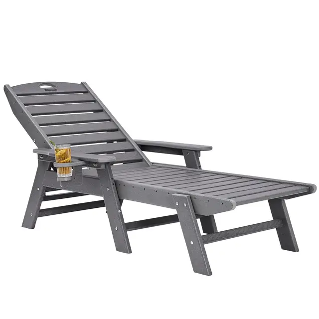 VEVOR Bain de Soleil, Capacité de Charge 181 kg, Chaise Longue Jardin en PEHD, avec Dossier Réglable sur 6 Positions, Accoudoir, Porte-gobelet, pour Extérieur, Piscine, Terrasse, Patio, Pelouse, Gris