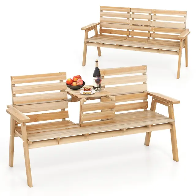 COSTWAY Banc de Jardin en Bois Massif, Banc Extérieur à 2/3 Places avec Table Centrale Pliable, Siège à Lattes pour Parc, Porche, Cour, Charge 320 KG, 160 x 64 x 86 CM (Naturel)