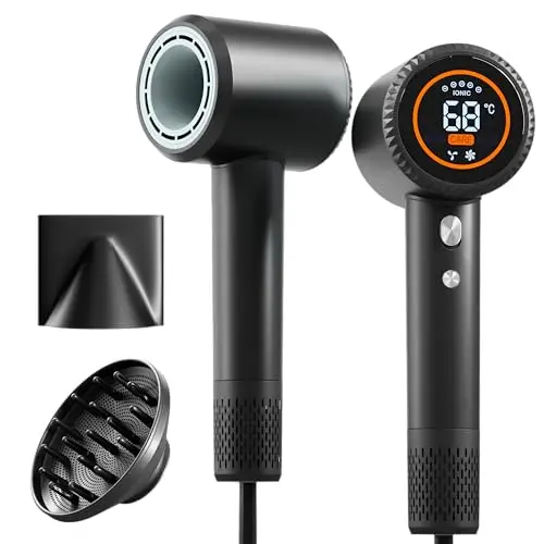 Sèche-Cheveux Ionique Professionnel, Léger, Séchage Ultra-Rapide, Moteur Silencieux, Anti-Frisottis, 2 Embouts Magnétiques Inclus, Technologie Ions Négatifs