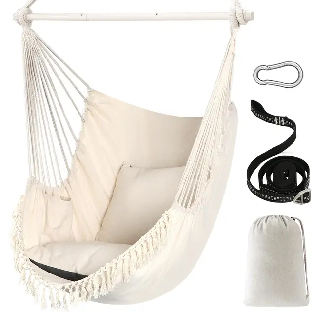 Chihee Sièges Suspendus Chaise Hamac Balançoire Suspendue Max 500 Lbs 2 Coussins Inclus Barre d'écartement en Métal avec Rainures Antidérapantes Portable Poche Latérale Grande Chaise bohémienne